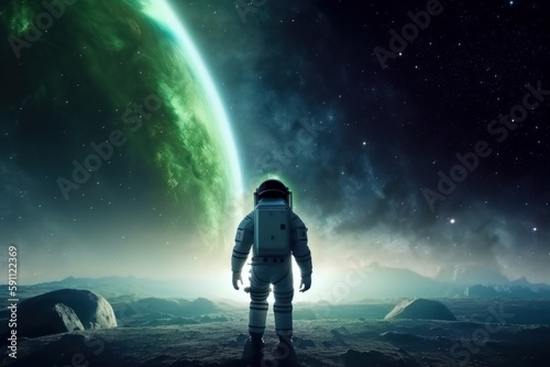 Standing and looking at the view. Cosmonaut in the space suit. Beautiful illustration picture. Generative AI