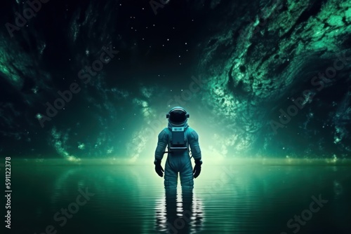 Standing in the water. Cosmonaut in the space suit. Beautiful illustration picture. Generative AI