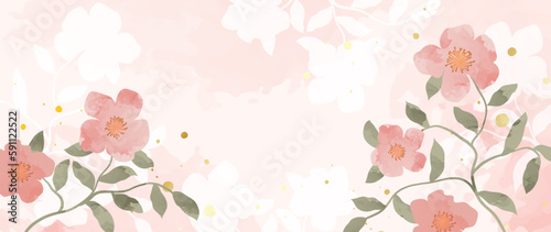 Abstract floral art background vector. Botanical watercolor hand painted pink flowers and leaf branches and foliage with texture. Design for wallpapers, banners, prints, posters, covers