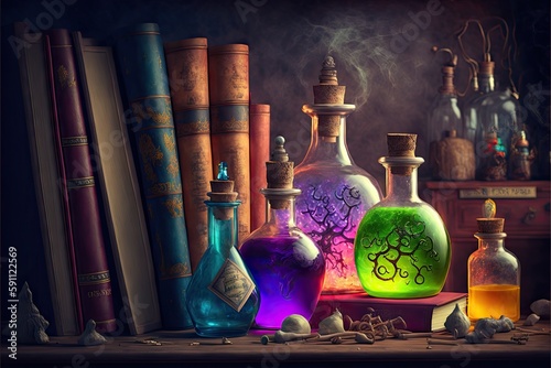 Old alchemy books and colorful potion bottles on shelf background, created with generative ai photo