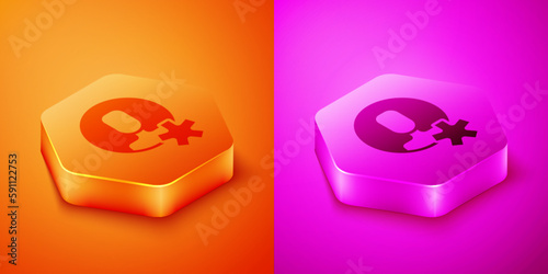 Isometric Elected employee icon isolated on orange and pink background. Head hunting. Business target or Employment. Human resource and recruitment for business. Hexagon button. Vector