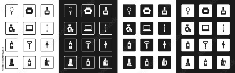 Set Nail polish bottle, Makeup powder with mirror, Cream lotion cosmetic tube, Hand, Cotton swab for ears, Pipette and Spray can hairspray icon. Vector Set Nail polish bottle, Makeup powder with mirror, Cream lotion cosmetic tube, Hand, Cotton swab for ears, Pipette and Spray can hairspray icon. Vector