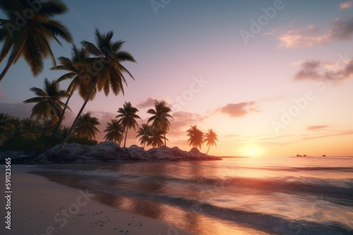 A peaceful beach with palm trees and a sunset  Generative AI