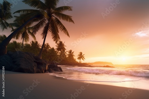 A peaceful beach with palm trees and a sunset, Generative AI © Silvanir