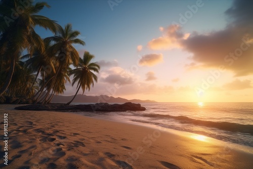 A peaceful beach with palm trees and a sunset, Generative AI
