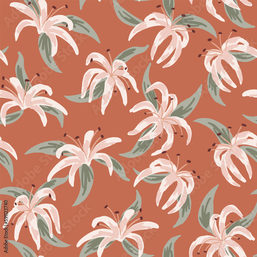 Beautiful hand painted garden of wild lilies in shades of peach, pink and sage on rust background. Great for home decor, fabric, wallpaper, gift-wrap and stationery.  © Kashmira