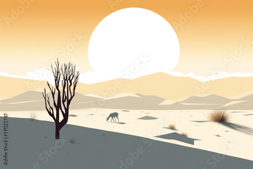 A digital illustration of a lone tree and a lone deer in the middle of desert during a sunset