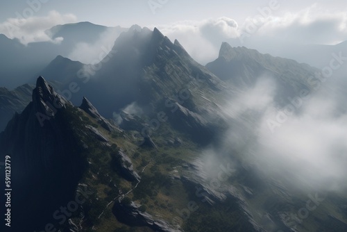 A mountain range with misty clouds, Generative AI