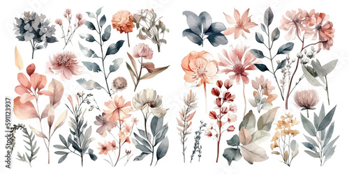 Set of watercolor flowers leaves and twigs on a white background