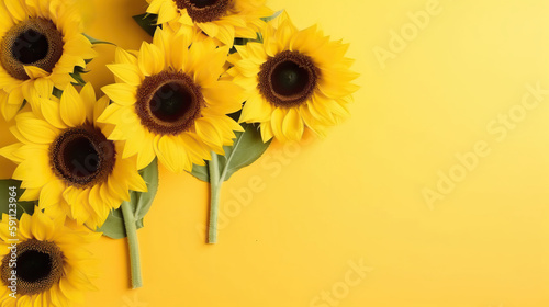 Spring flowers of sunflowers yellow background top view in flat lay style. Greeting for Womens or Mothers Day or Spring Sale Banner. Generative AI 