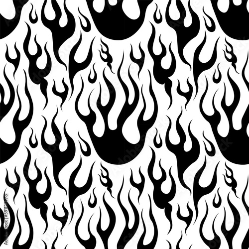 Flame Y2K Seamless fire pattern Psychedelic vector black background Retro Style. Funky summer abstract modern aesthetic print. Wall frame poster, banner or Social Media template. EPS
