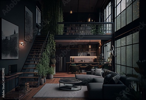 Modern home interior in dark colors. Loft. AI. Generative AI