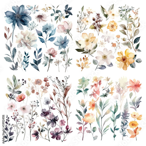 Set of watercolor flowers leaves and twigs on a white background