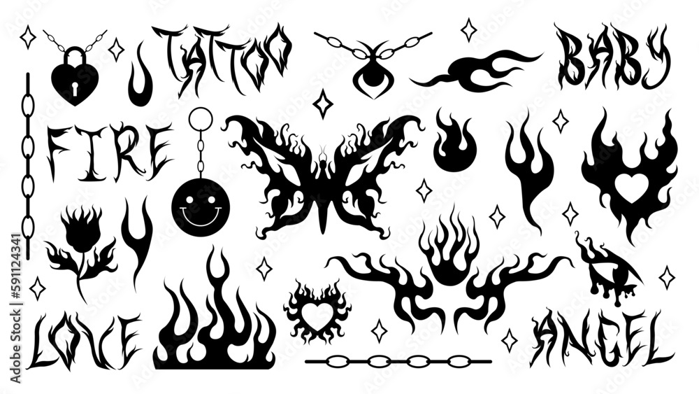 Naklejka premium Y2k tattoo stickers. Flame and fire, chain, heart, butterfly, flower, necklace triball glamour in trendy 90s, 00s psychedelic style. Vector hand drawn black and white silhouette tattoo print set. EPS
