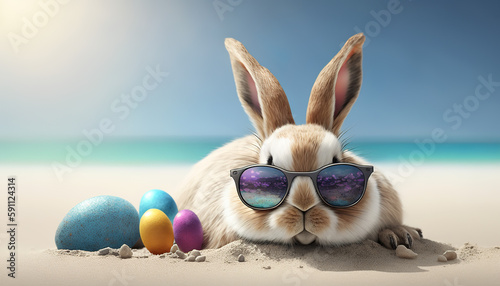 Easter bunny on the beach with easter eggs, Generative AI
