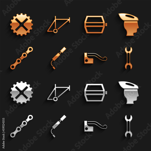 Set Bicycle air pump, helmet, Wrench spanner, brake, chain, pedal, sprocket crank and frame icon. Vector