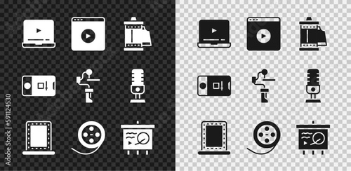 Set Online play video, Camera roll cartridge, Makeup mirror with lights, Film reel, Scenario on chalkboard, Photo and shooting and Gimbal stabilizer for camera icon. Vector