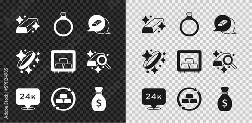 Set Gold bars, ring, 24k, exchange money, Old bag, and Safe with gold icon. Vector