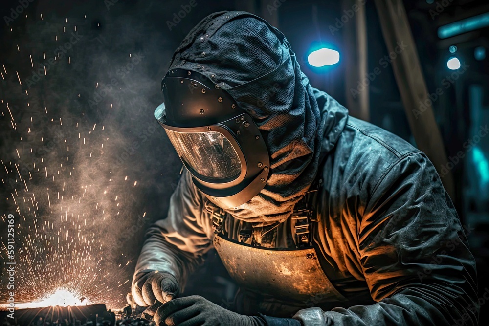 man in mask working with steel welding process, created with generative ai man in mask working with steel welding process, created with generative ai