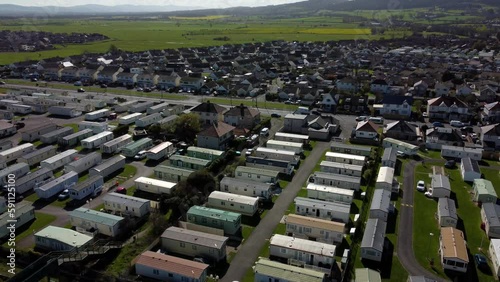 Pensarn aerial view over static caravan park holiday homes on beachfront Abergele town of Wales coastal path photo