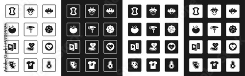 Set Vegan bread loaf, Carrot, Tomato, Leather, Cookie or biscuit, Cow head, Heart rate and Vegetarian food menu icon. Vector