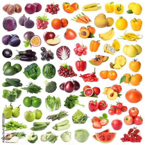 Fototapeta Naklejka Na Ścianę i Meble -  Assortment of fresh fruits and vegetables on white background, collage design