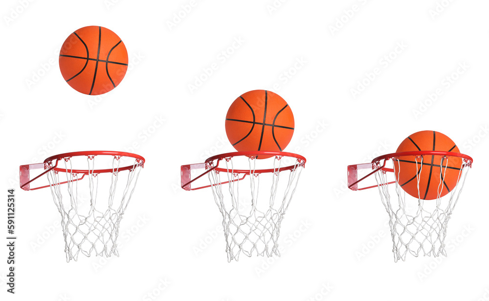 Collage with ball falling through basketball hoop with net isolated on white