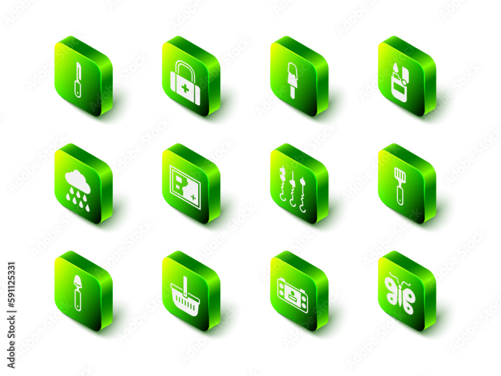 Set First aid kit, Ice cream, Lighter, Spatula, Butterfly, Grilled shish kebab on skewer, Portable video game console and Picnic basket icon. Vector Set First aid kit, Ice cream, Lighter, Spatula, Butterfly, Grilled shish kebab on skewer, Portable video game console and Picnic basket icon. Vector