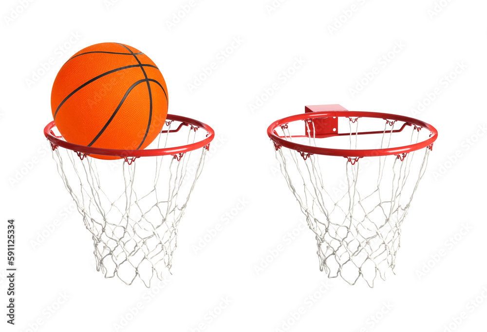 Collage of basketball ball and hoop isolated on white