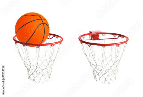 Collage of basketball ball and hoop isolated on white © New Africa
