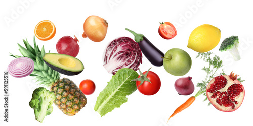 Fototapeta Naklejka Na Ścianę i Meble -  Many fresh vegetables and fruits falling on white background