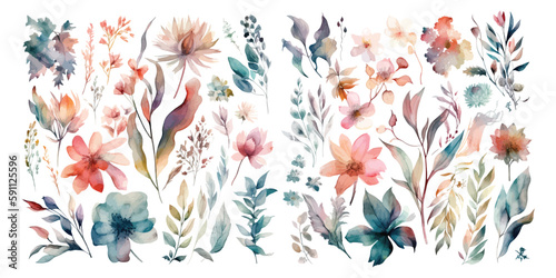 Set of watercolor flowers leaves and twigs on a white background