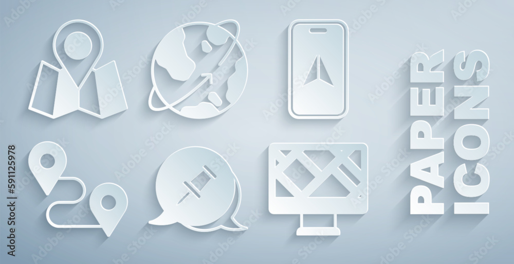 Set Push pin, City map navigation, Route location, Monitor with, Satellites orbiting the Earth and Folded marker icon. Vector Set Push pin, City map navigation, Route location, Monitor with, Satellites orbiting the Earth and Folded marker icon. Vector