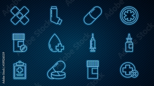 Set line Cross hospital medical, Bottle nasal spray, Medicine pill or tablet, Donate drop blood with cross, bottle and pills, Crossed bandage plaster, Syringe and Inhaler icon. Vector