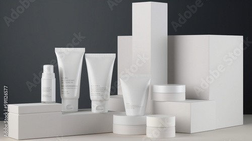 a lot of white blank can and tubes for product presentation