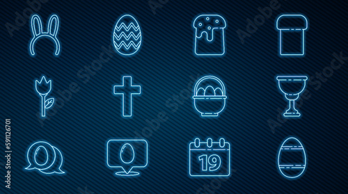 Set line Easter egg, Christian chalice, cake, cross, Flower tulip, Mask with long bunny ears, Basket easter eggs and icon. Vector