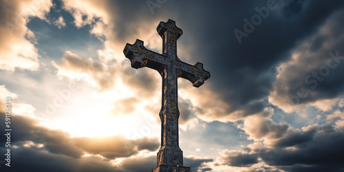 Calvary cross at sunset, a symbol of Christianity, generative AI.