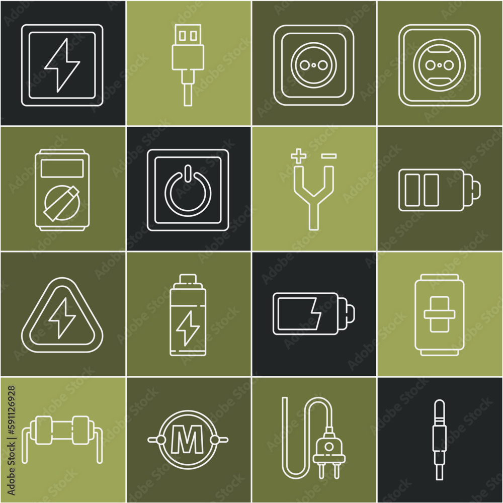 Set line Audio jack, Electric light switch, Battery charge level indicator, Electrical outlet, Multimeter, Lightning bolt and cable icon. Vector Set line Audio jack, Electric light switch, Battery charge level indicator, Electrical outlet, Multimeter, Lightning bolt and cable icon. Vector