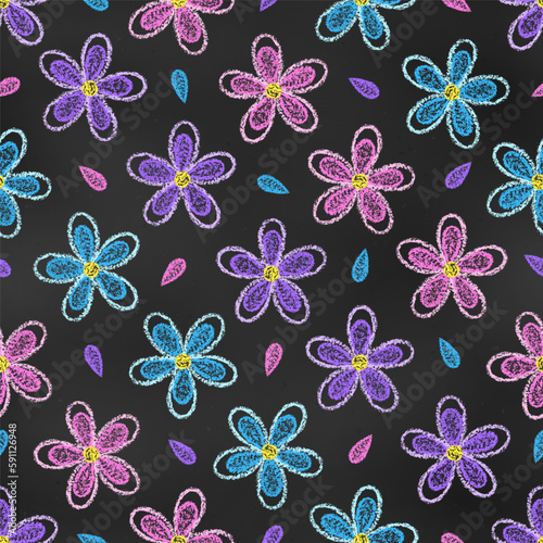 Seamless Pattern of Chalk Drawn Sketches Blue  Pink and Violet Flowers on Dark Blackboard.