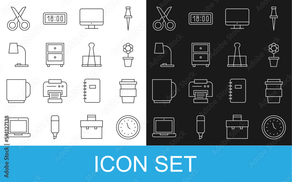 Set line Clock, Coffee cup to go, Flower in pot, Computer monitor screen, Drawer with documents, Table lamp, Scissors and Binder clip icon. Vector Set line Clock, Coffee cup to go, Flower in pot, Computer monitor screen, Drawer with documents, Table lamp, Scissors and Binder clip icon. Vector