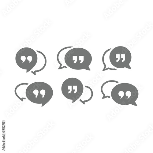 Message bubble and quotation mark vector icon set. Chat balloon and quotes symbol.