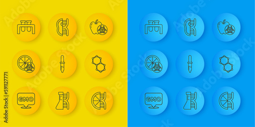 Set line GMO, Genetically modified orange, Pipette, Chemical formula, Test tube and flask, apple and meat icon. Vector