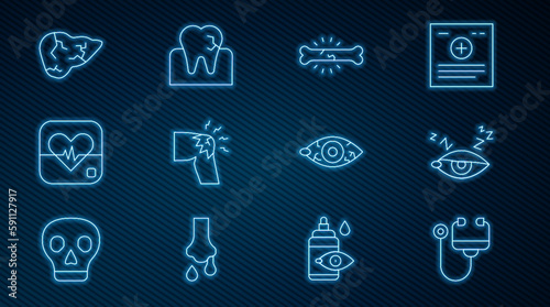 Set line Stethoscope, Insomnia, Bone pain, Joint pain, knee, Heart rate, Hepatitis virus, Reddish eye and Tooth with caries icon. Vector