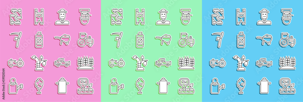 Set line Soil ph testing, Wheat, Tractor, Scarecrow, Garden sprayer for fertilizer, Scythe, Waterproof rubber boot and Wheelbarrow with dirt icon. Vector Set line Soil ph testing, Wheat, Tractor, Scarecrow, Garden sprayer for fertilizer, Scythe, Waterproof rubber boot and Wheelbarrow with dirt icon. Vector