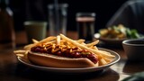 A delicious hotdog wth french fries on a dish on a cafe table