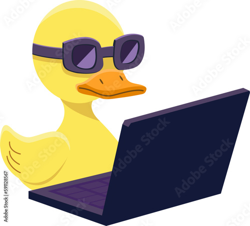 yellow duck in sunglasses with laptop coding