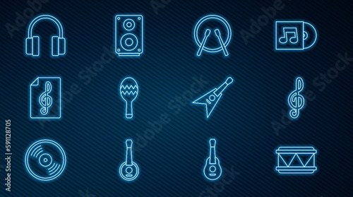 Set line Drum, Treble clef, and drum sticks, Maracas, Headphones, Electric bass guitar and Stereo speaker icon. Vector