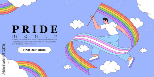 Cheerful character with rainbow lgbtq and transgender flag celebrate pride month or day vector flat illustration. LGBTQ support social media banner or post template, greeting card on blue background.