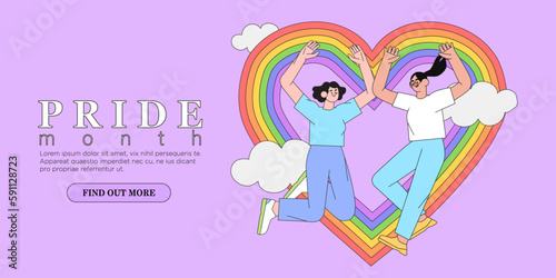 Happy jumping woman in trendy flat style on rainbow heart background. Concept of lesbian or bisexual couple or marriage, best friends, lgbt, love and romance. Girls in love with rainbow in the sky.