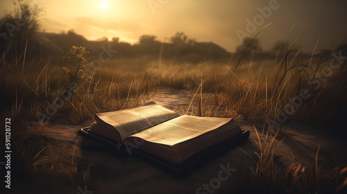 Open book Bible in the grass in nature, generative AI. photo